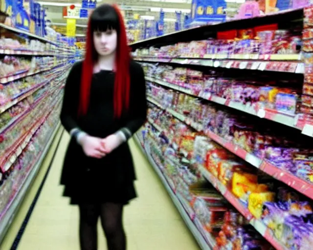 Prompt: poor quality digital photo of a goth emo girl at tesco, 2 0 0 7