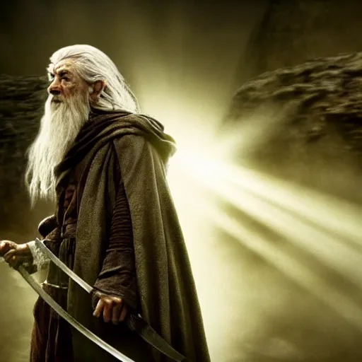 Image similar to messi as gandalf in a deleted scene from the lord of the rings fighting the balrog in the bridge, beautiful dynamic dramatic dark moody lighting, stunning shadows, octane render, foggy atmosphere, horror atmosphere,