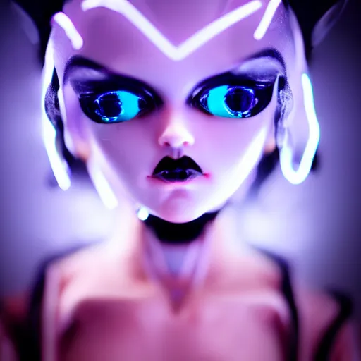 Image similar to blue cyber porcelain doll with led eyes. standing in middle of dark hallway. volumetric light on back. broken neon lighting. cyberpunk. high details, photorealistic, artstation trending. dark mood. anime, akira.