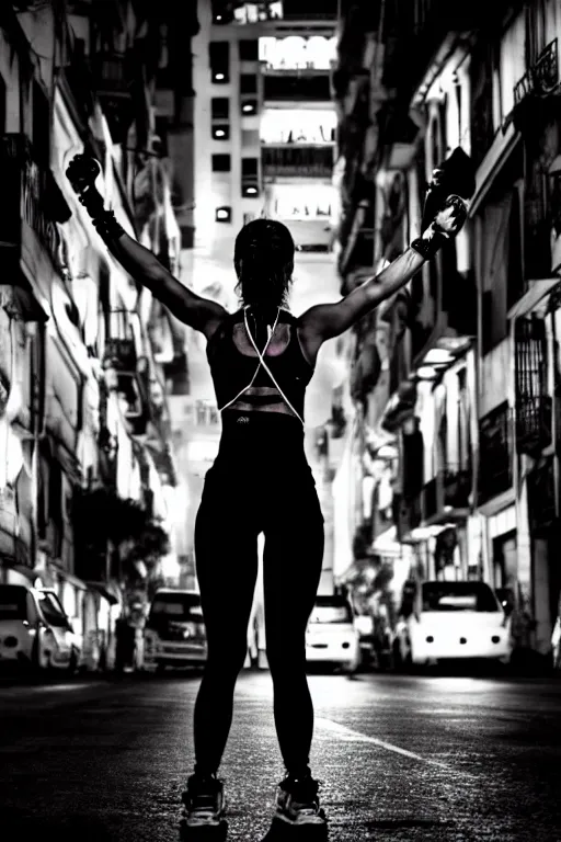 Prompt: buenos aires argentina cyberpunk strong girl sweating, sci - fi streets night