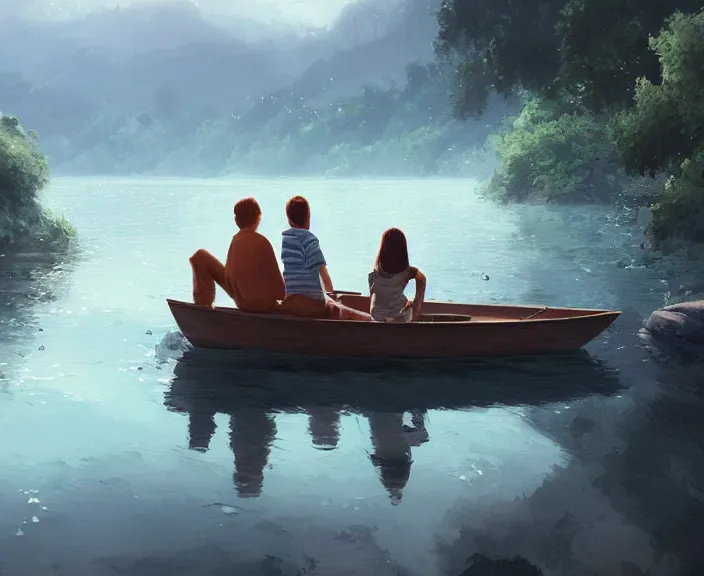 Image similar to a young man and young woman sitting together on one single boat. Romantic. Girl has auburn hair. Boy has short black hair. Narrow river in a forest, rocky shore, trees, shady, blue waters, ripples, waves, reflections, details, sharp focus, illustration, by Jordan Grimmer and greg rutkowski, Trending artstation, pixiv, digital art