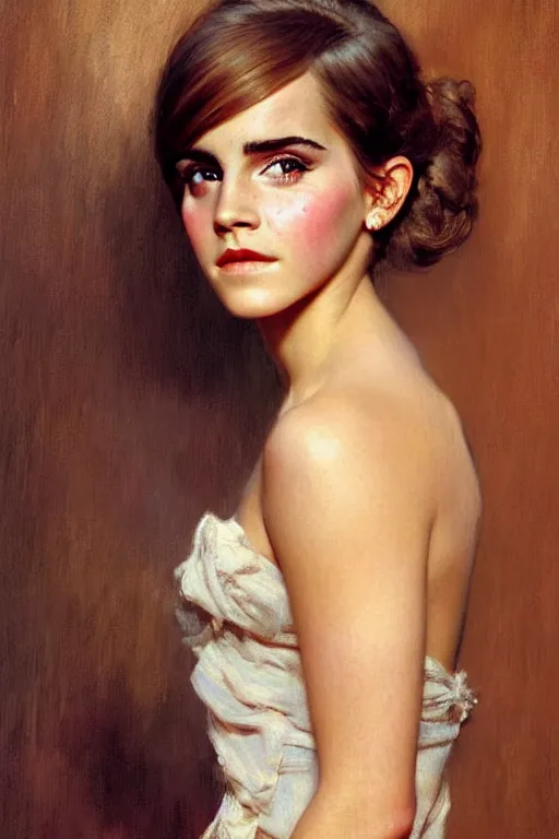Image similar to detailed portrait of a beautiful emma watson 1 9 6 0 s hairstyle muscular, painting by gaston bussiere, craig mullins, j. c. leyendecker