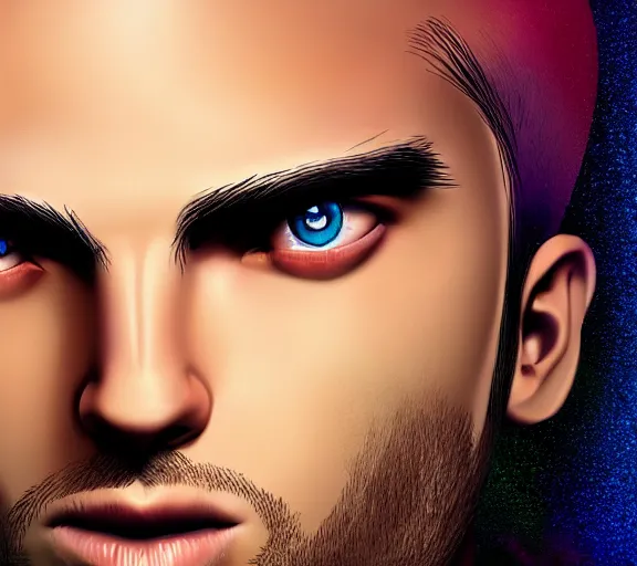 Prompt: extremely beautiful young man with hyperealistic eyes, digital art, vivid background, seductive.