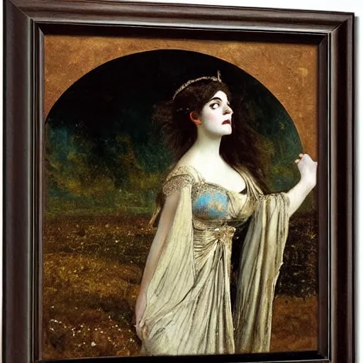 Image similar to portrait of persephone as goddess of death, action heroine by alfred stevens