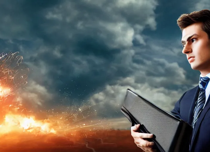 Prompt: epic cinematic artwork close up of a man in his 20s with brown hair, wearing a blue business suit and holding a briefcase, looking on confidently with explosions behind him, 4k, masterpiece