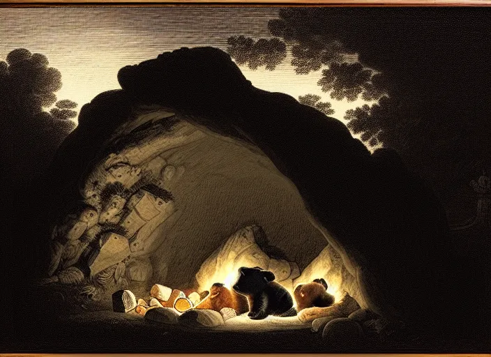 Prompt: Pieter Claesz's 'a bear and her cub sleeping in a dark cave, lit by campfire', night time, cross hatching, backlit, beautiful wooden frame, monochrome, colours of the sunset