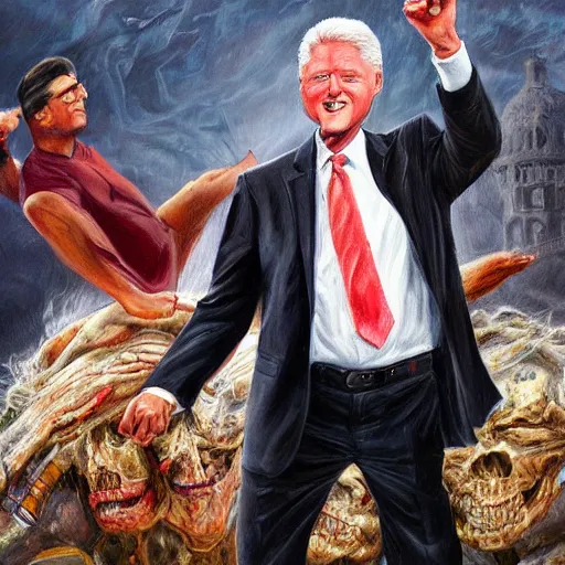 Image similar to highly detailed oil painting, concept art, dr phil and bill clinton, holding hands and dancing on a pile of dead kids, concept art, highly detailed