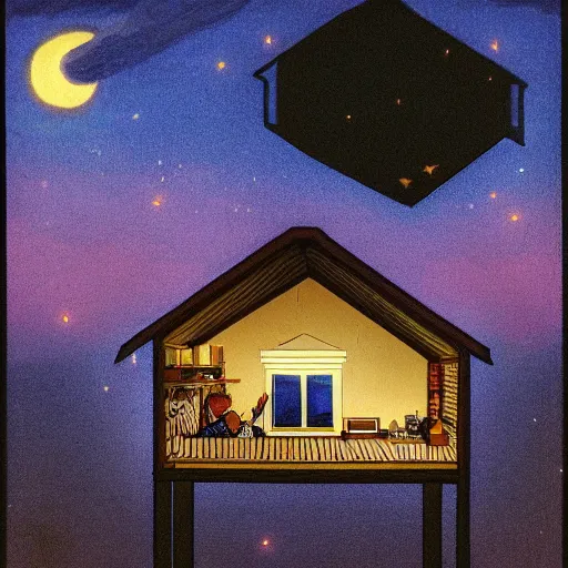 Image similar to a god in the sky watches a cozy home at night