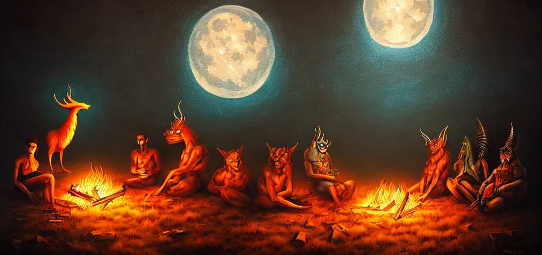 Image similar to strange mythical beasts of sitting around a fire under a full moon, surreal dark uncanny painting by ronny khalil