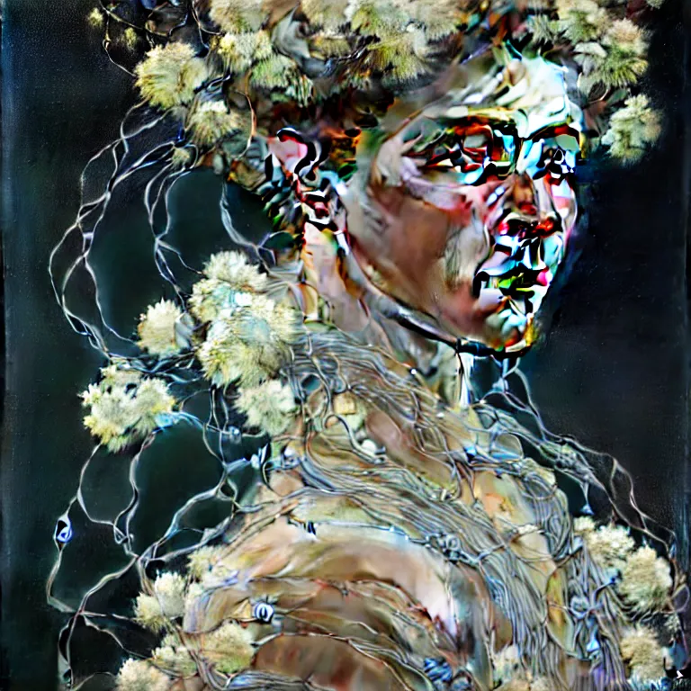 Prompt: hyperrealist realistic wonderful face portrait of a 2 0 4 4 space sport engineer, it is decorated with long wires and white flowers that fall like vines and wears a huge computer crown. by jeremy mann and alphonse mucha, fantasy art, photo realistic, dynamic lighting, artstation, poster, volumetric lighting, very detailed faces, 4 k, award winning