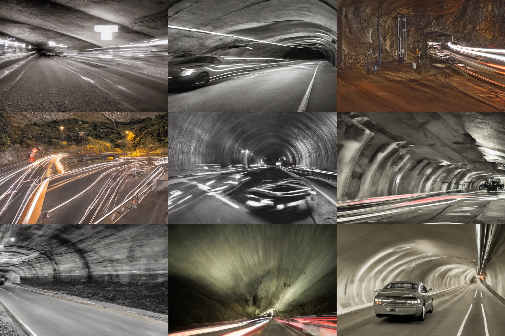 Prompt: speeding through the tunnel, night, headlights, long exposure, night time photography