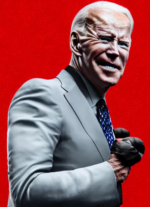 Image similar to hyper realistic ultra realistic cenobite photo furious glowing red eyes biden, high quality photo, detailed , 8k