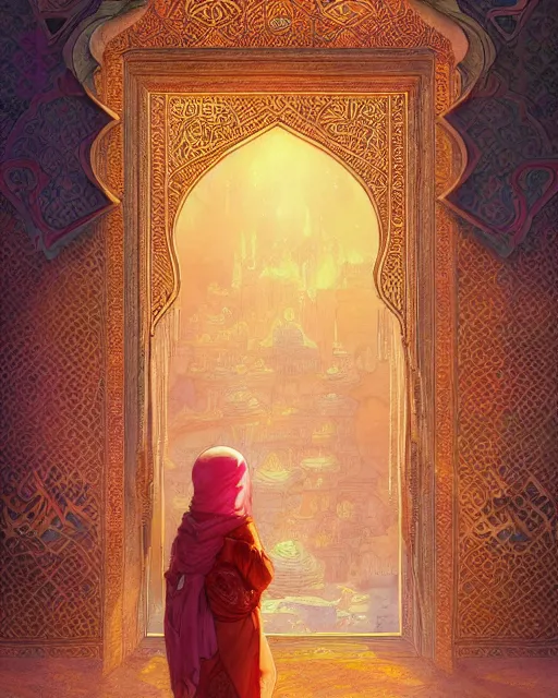 Image similar to a faceless bedouin child infront of a big open quran highly detailed, gold filigree, romantic storybook fantasy, soft cinematic lighting, award, disney concept art watercolor illustration by mandy jurgens and alphonse mucha and alena aenami, pastel color palette, featured on artstation