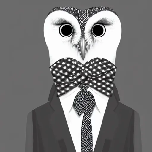 Prompt: anthropomorphic barn owl with a cute suit and neck - tie, digital art, black and white feathers