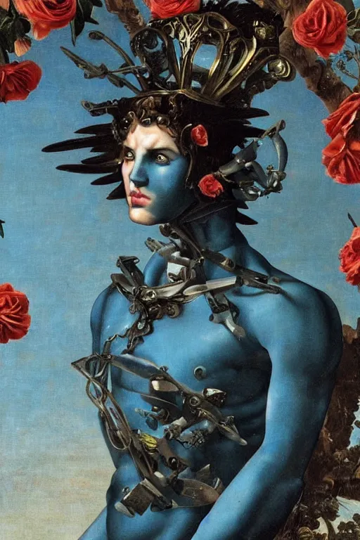 Image similar to a young handsome Spanish metal android with a large glowing battery in the center of his chest in a full-body bronze cyberpunk style statue of Icarus with glowing blue eyes, crown of peach roses, flowing teal-colored silk, fabric, flowers. baroque elements, human skull. full-length view. baroque element. intricate artwork by caravaggio. many flying horses on background. Trending on artstation, octane render, cinematic lighting from the right, hyper realism, octane render, 8k, depth of field, 3D