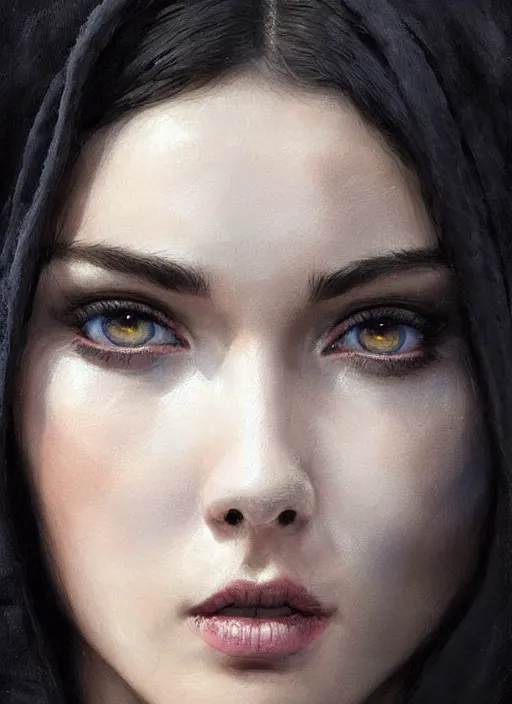 Prompt: a teenage fit girl with very short black hair and a huge cloak made of black fur. beautiful highly detailed face. blue eyes. beautiful painting by artgerm and greg rutkowski and raymond swanland, detailed portrait, closeup