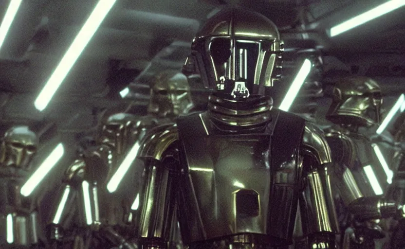 Image similar to screenshot portrait of Luke Skywalker with a fleet of a dozen chrome C-3P0 droids, iconic scene from 1980s film by Stanley Kubrick, 4k, cinematic still frame, surreal sci fi architecture, portrait photoreal, detailed face, moody lighting, stunning cinematography, hyper detailed, sharp, anamorphic lenses, kodak color film stock