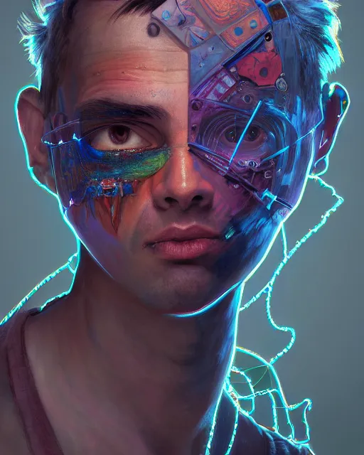 Image similar to portrait of a patchwork boy, bioluminescent, wires, horror, asymmetrical art, highly detailed, concept art, cinematic, hyperrealism, epic, art by stanley lau and artgerm and magali villeneuve and alphonse mucha and pixar, artstation, octane render, cgsociety