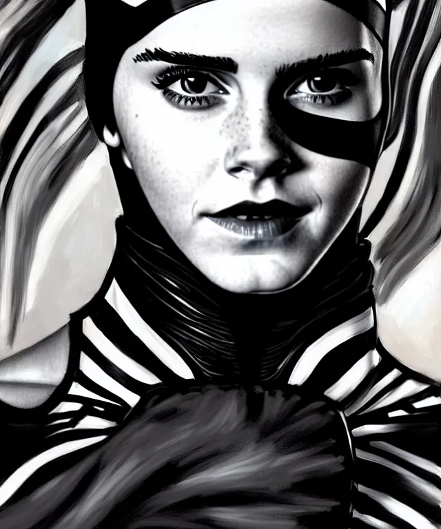 Image similar to a detailed fifty mm portrait of emma watson as a catwoman in a black adidas track suit with white stripes, highly detailed, digital painting, artstation, concept art, sharp focus, cinematic lighting, illustration, art by met mangindaan, artgerm and greg rutkowski, alphonse mucha, cgsociety