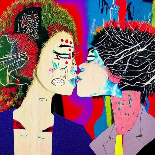 Image similar to beautiful painting of two bizarre psychedelic women kissing each other closeup in japan, speculative evolution, mixed media collage by basquiat and junji ito, magazine collage art, paper collage art, sapphic art, lesbian art