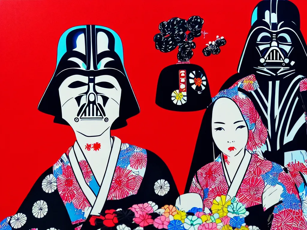 Image similar to hyperrealistic composition of the detailed woman in a japanese kimono sitting at a poker table with detailed darth vader, fireworks, mount fuji on the background, pop - art style, jacky tsai style, andy warhol style, acrylic on canvas