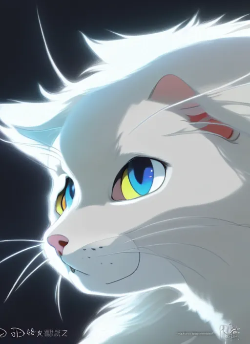 Image similar to fluffy white cat, natural lighting, path traced, highly detailed, high quality, cartoon, digital painting, by don bluth and ross tran and studio ghibli and alphonse mucha