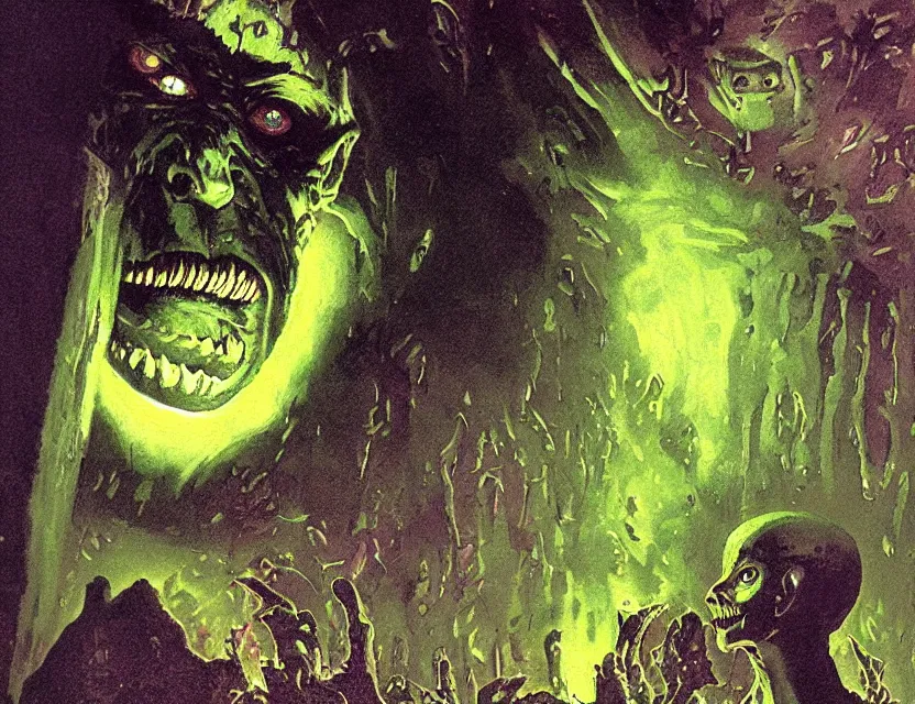 Image similar to a close - up view portrait of a silhouetted supernatural goblin in brutalist halls with metallic alien technology. close - up view, detailed textures. glowing green purple fog, dark black background. highly detailed fantasy science fiction painting by moebius, norman rockwell, frank frazetta, and syd mead. rich colors, high contrast