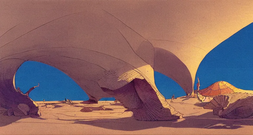 Image similar to a giant seashell house in the middle of nowhere, by syd mead, moebius, j. h. williams iii, triadic color scheme