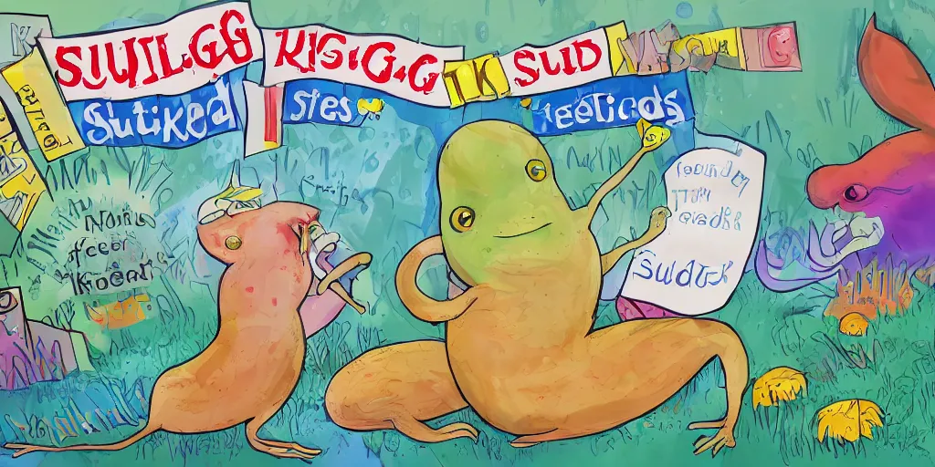 Prompt: a campaign poster for kindergardeners that reads SLUGS TASTE LIKE THE FUTURE!, concept art