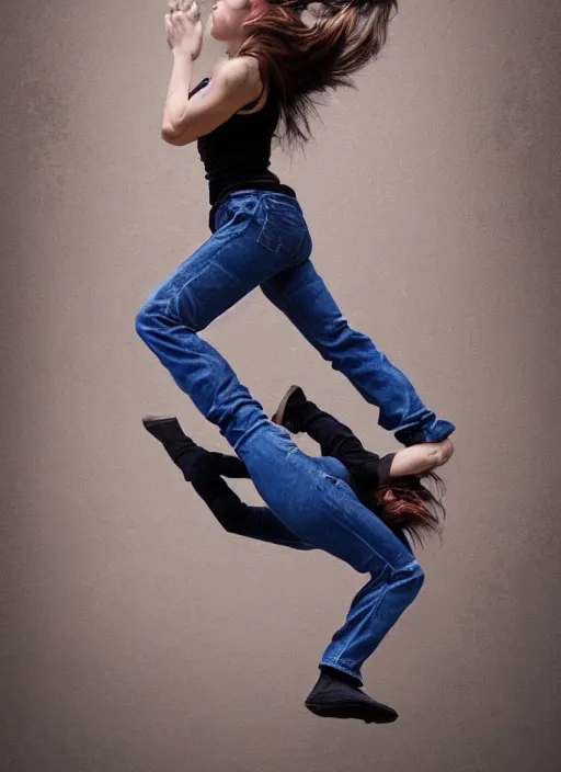 Image similar to a shocking radically realistic fine art painting of a early twenties female parkour scene wearing jeans and flowing hair, inspired by David Stoupakis, studio portrait, muted colors, detailed hair, cinematic lighting, 4K