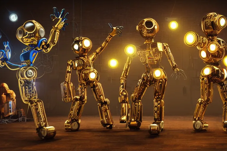 Prompt: scene from the voice of america, on stage are 4 golden and blue metal humanoid steampunk robots dancing wild, robots are wearing golden gears and tubes, eyes are glowing red lightbulbs, shiny crisp finish, 3 d render, 8 k, insaneley detailed, fluorescent colors, nightlight
