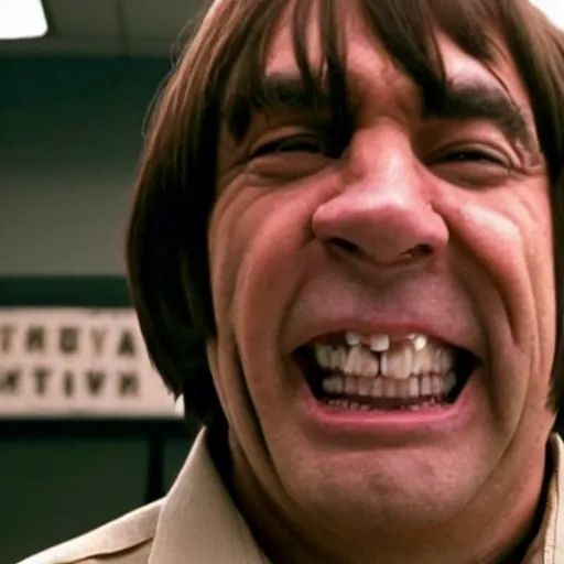Prompt: still from no country for old men featuring anton chigurh but his head is really tall and he is smiling like a maniac