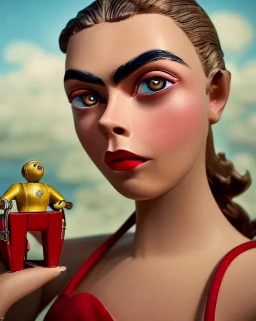 Prompt: closeup face profile portrait of a tin toy retro 1 9 5 0 s cara delevingne, bikini, depth of field, zeiss lens, fashion photoshoot by nicoletta ceccoli, mark ryden, lostfish, breathtaking, detailed and intricate environment, 8 k resolution, extremely detailed, beautiful, establishing shot, artistic, hyperrealistic, octane render