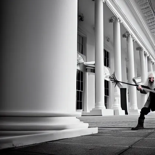 Image similar to gandalf attacks the white house, videogame still, portrait, 4 0 mm lens, shallow depth of field, close up, split lighting, cinematic