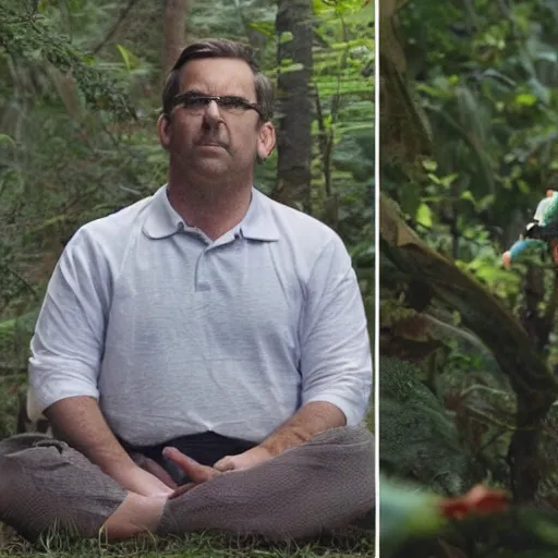 Image similar to chubby Steve Carell meditate in the Forest