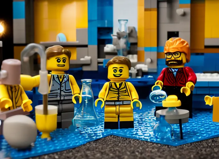 Image similar to product photo still of walter white breaking bad meth lab lego playset, 8 k, 1 2 0 mm macro, f 1. 8, studio lighting, key light