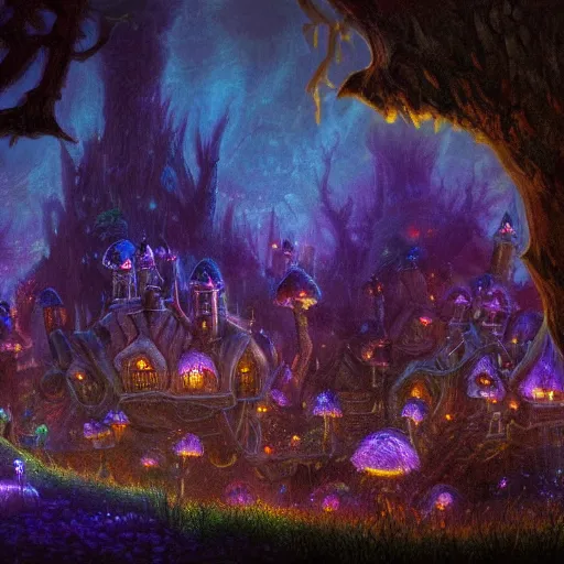 Prompt: concept art detailed painting of a dark purple fantasy fairytale fungal town made of mushrooms, with glowing blue lights, in the style of albert bierstadt