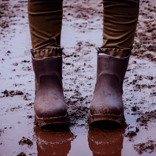 Prompt: a woman in chunky platform boots walking on a muddy road, canon EOS 1000D