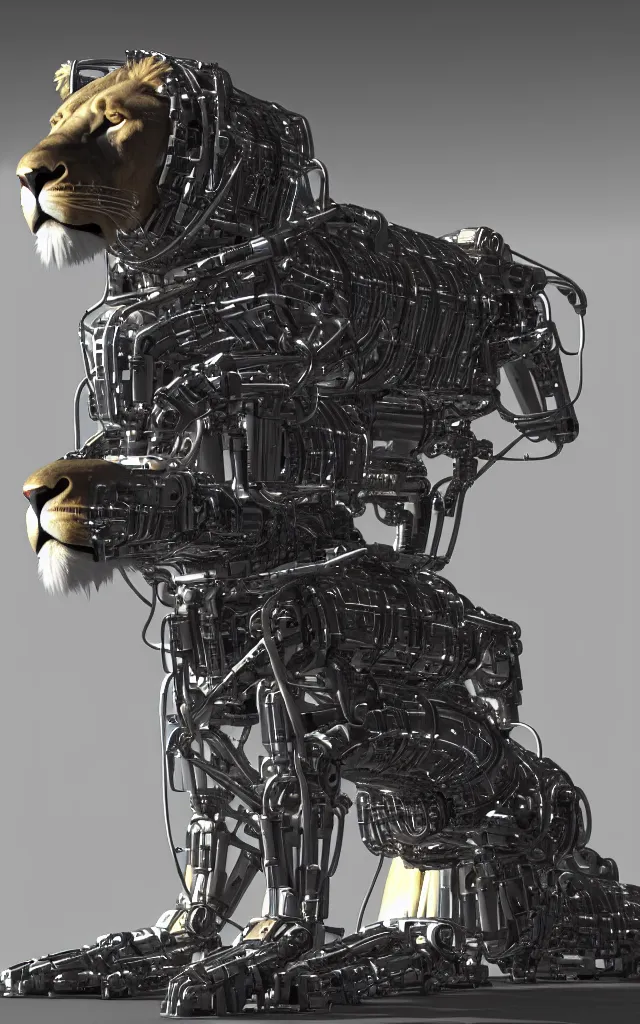 Prompt: sixteenk absolutelyrealenginerender of a majestic lion emperor sits on a royal throne connected to an ai cybernetic super - computer mainframe with futuristic displays and technology