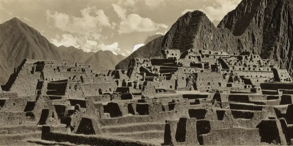 Prompt: lost city of the incas, vintage photograph, bw, by edward s curtis, realistic,