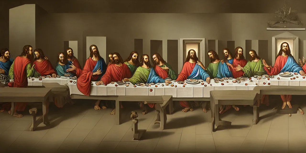 Image similar to the last supper iconic image in the style of dali surreal jesus christ iconography