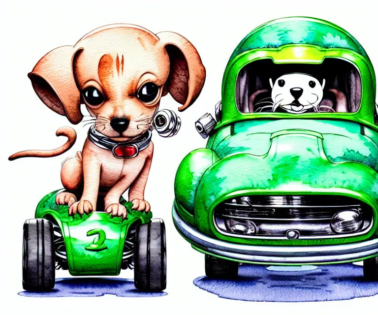 Image similar to cute and funny, puppy wearing a helmet riding in a tiny hot rod with an oversized engine, ratfink style by ed roth, centered award winning watercolor pen illustration, isometric illustration by chihiro iwasaki, edited by range murata, tiny details by artgerm and watercolor girl, symmetrically isometrically centered, sharply focused