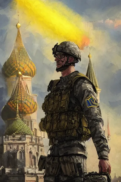 Image similar to special forces soldier raising ukrainian blue and yellow flag, kremlin st. basil cathedral in the background, masculine figure, d & d, fantasy, bright atmosphere, volumetric lights, intricate, elegant, extremely detailed, digital painting, artstation, concept art, matte, smooth, sharp focus, hyper realistic, illustration, art by artgerm and greg rutkowski and alphonse mucha