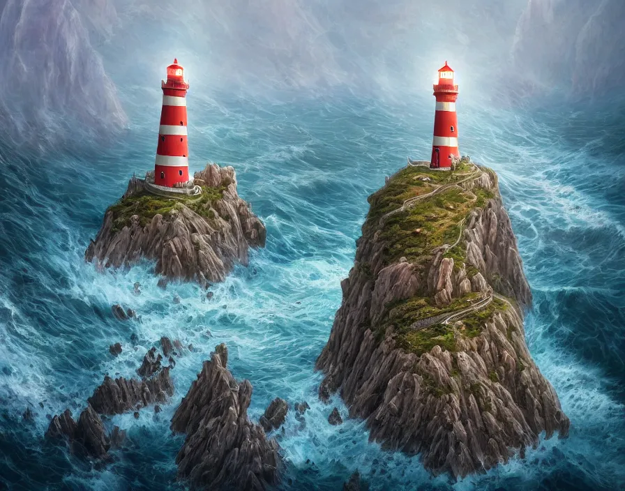 Image similar to fantasy painting of a lighthouse on the edge of a cliff overseeing a vast ocean, complex, detailed, intricate abstract. delicate artwork. by Tooth Wu, wlop, beeple, dan mumford. octane render, trending on artstation, greg rutkowski very coherent symmetrical artwork. cinematic, hyper realism, high detail, octane render, 8k, depth of field, bokeh. chrome accents.