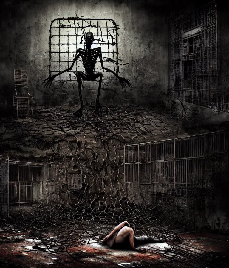 Image similar to Creepy huge suffering humanoid with long limbs sits on the floor and looks at the little old TV. An underground very dark gloomy multi-layered structure of rusty thick iron grates, dense chain-link fencing and peeling walls. Inside view, collapsed floors, bent rusted iron, masterpiece, black background, corners, cinematic, hyperdetailed, photorealistic, hyperrealism, octane render, 8k, depth of field, bokeh, architecture, shadows, art by Zdzisław Beksiński, Dariusz Zawadzki