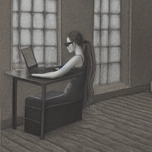 Prompt: highly detailed charcoal of woman wearing glasses with her hair in a ponytail sitting on the carpeted floor beside a bed, working on her laptop, by aron wiesenfeld