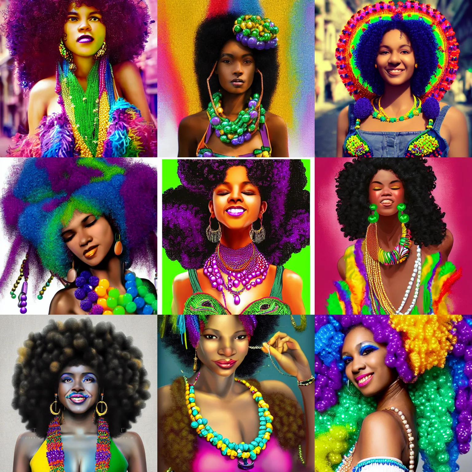Prompt: a gorgeous and joyful afro brazilian woman walking down bourbon street during mardi gras, draped in colorful bead necklaces, long curly black hair, portrait, digital matte painting, trending on artstation, cgsociety, artgerm