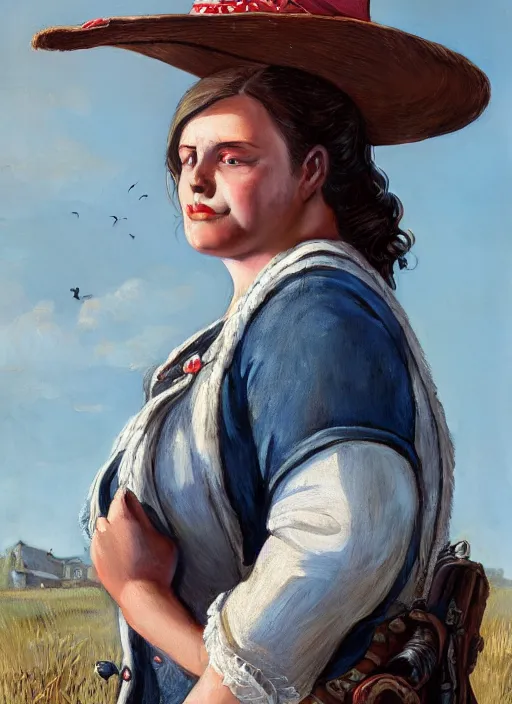 Image similar to highly detailed portrait of chubby woman wearing a white wide brim straw hat and a denim jacket, determined. red dead redemption art, unreal engine, fantasy art by greg rutkowski