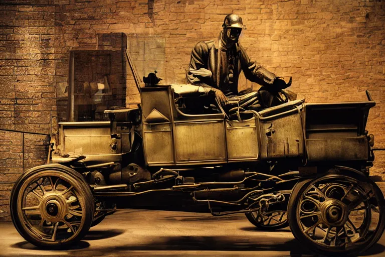 Image similar to cyberpunk 1 9 0 8 model ford t, volumetric lighting, in a museum, museum exhibit, museum lighting, 9 0 s film photo