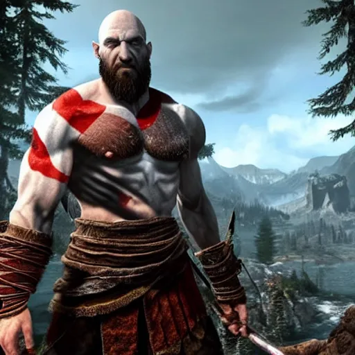 Image similar to screenshot of the game God of War with Kratos and Walter White standing next to eachother